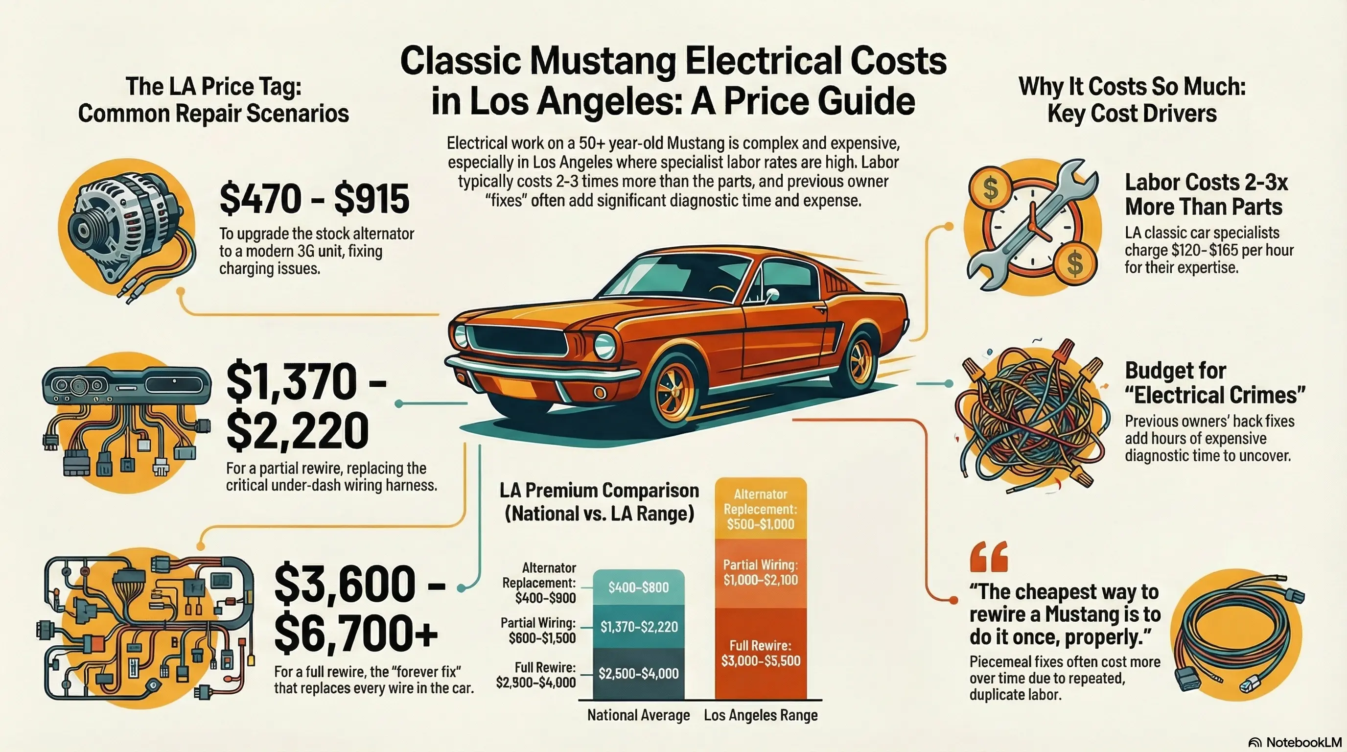 Classic Mustang electrical repair costs in Los Angeles: A comprehensive price guide showing cost breakdowns for wiring harness replacement, dashboard work, alternator upgrades, and other electrical repairs for 1964-1973 Ford Mustangs
