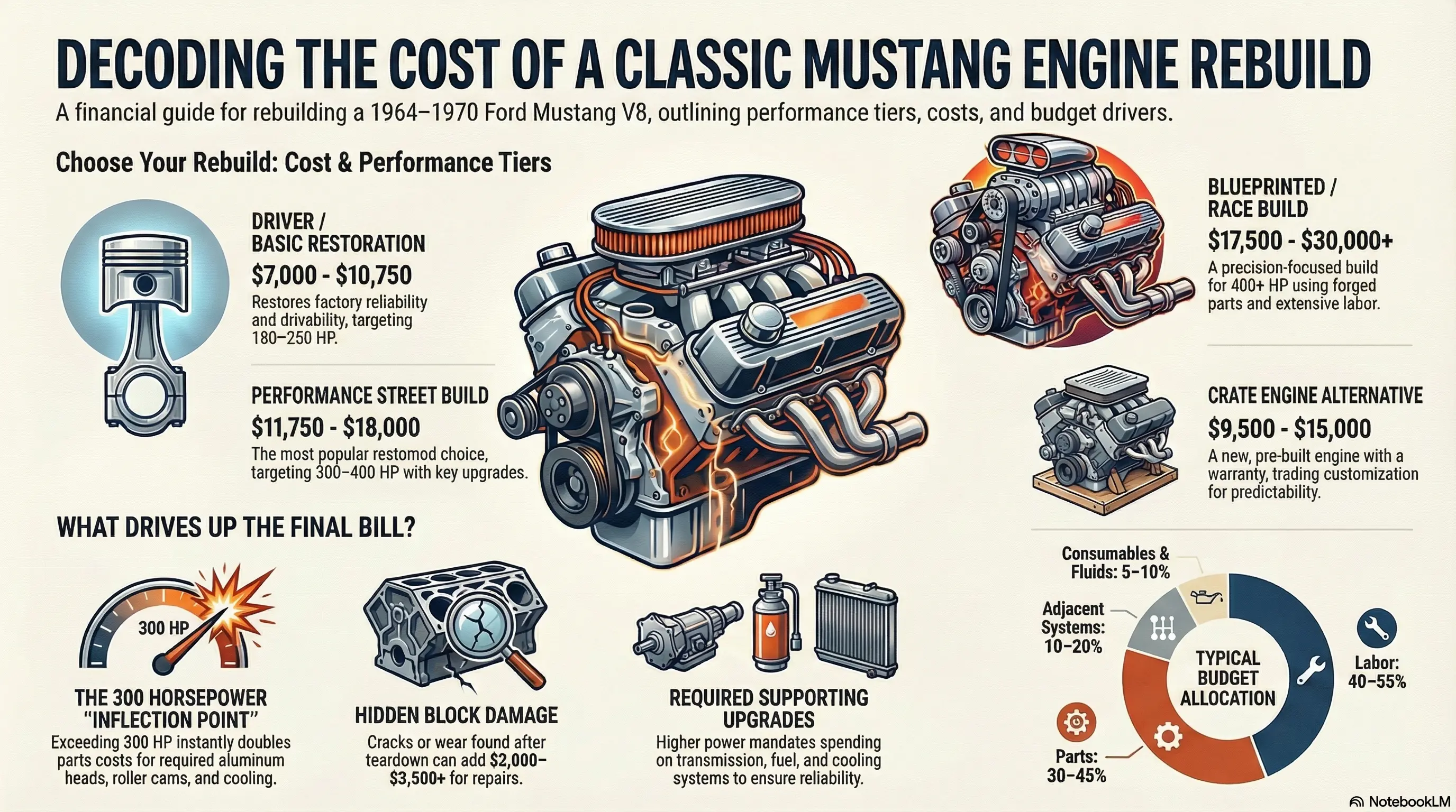 Decoding the cost of a classic Mustang engine rebuild: A financial guide for rebuilding a 1964–1970 Ford Mustang V8, outlining performance tiers (Driver/Basic Restoration $7,000-$10,750, Performance Street Build $11,750-$18,000, Blueprinted/Race Build $17,500-$30,000+, Crate Engine Alternative $9,500-$15,000), cost drivers including the 300 horsepower inflection point, hidden block damage, and required supporting upgrades, plus typical budget allocation showing labor 40-55%, parts 30-45%, adjacent systems 10-20%, and consumables 5-10%