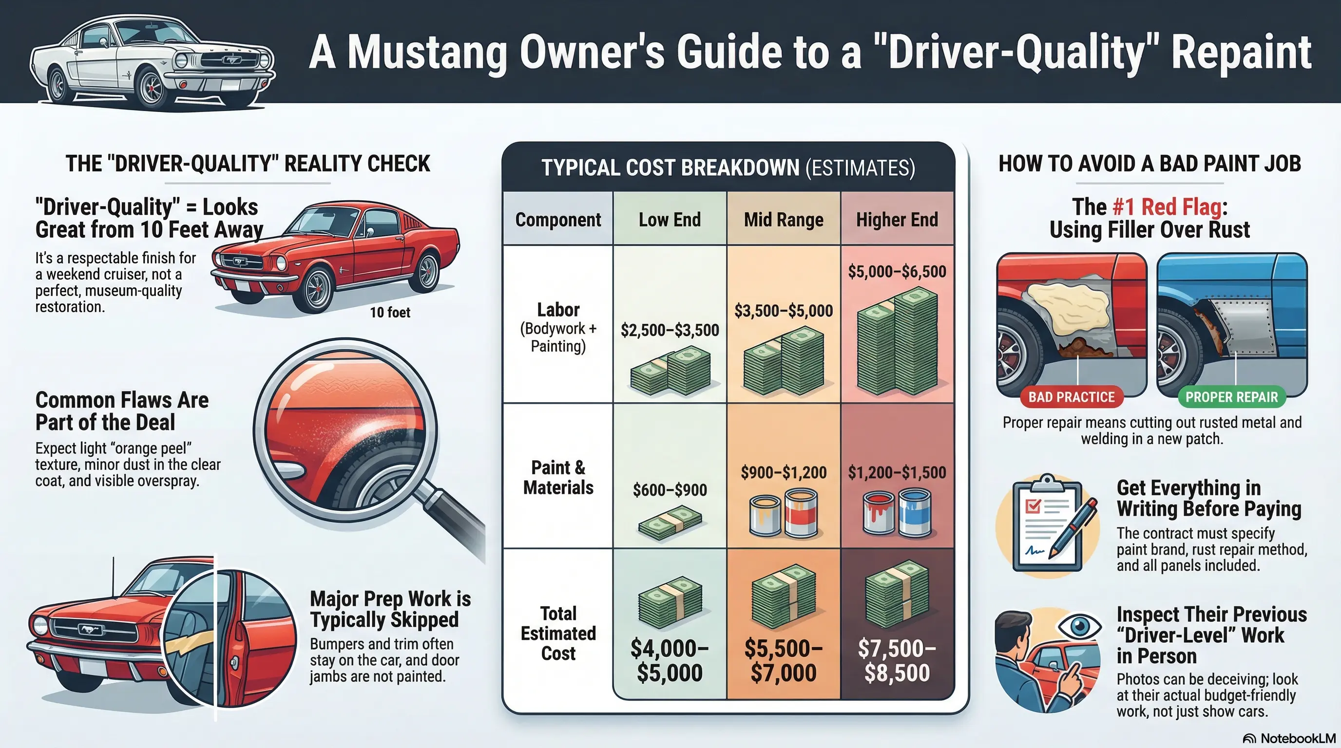 Classic Mustang driver-quality paint job costs in Los Angeles: A comprehensive price guide showing cost breakdowns for $4,000-$8,500 repaints, paint materials, labor costs, what's included and excluded, paint brand tiers, and quality expectations for 1965-1970 Ford Mustangs