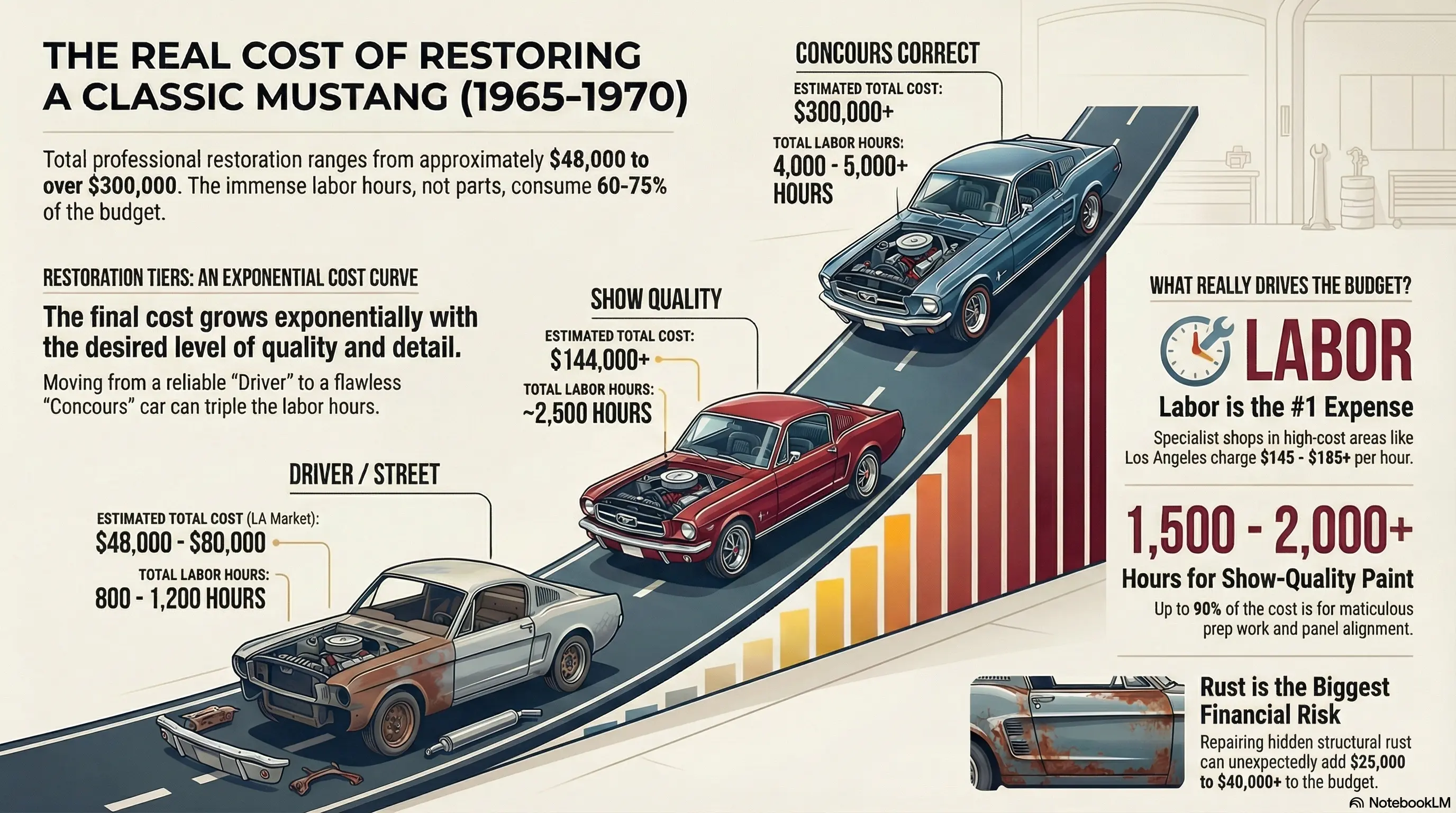 Classic Mustang restoration cost pillars in Los Angeles: A comprehensive visual guide showing the key cost components for restoring a 1965-1973 Ford Mustang, including labor (60-75% of total), rust repair and metal fabrication, body and paint, engine rebuilds, transmission, suspension and steering, brakes, electrical system, interior restoration, and final assembly costs, with breakdown of frame-on vs frame-off restoration tiers and typical budget allocations for driver-quality, show-quality, and concours-level projects