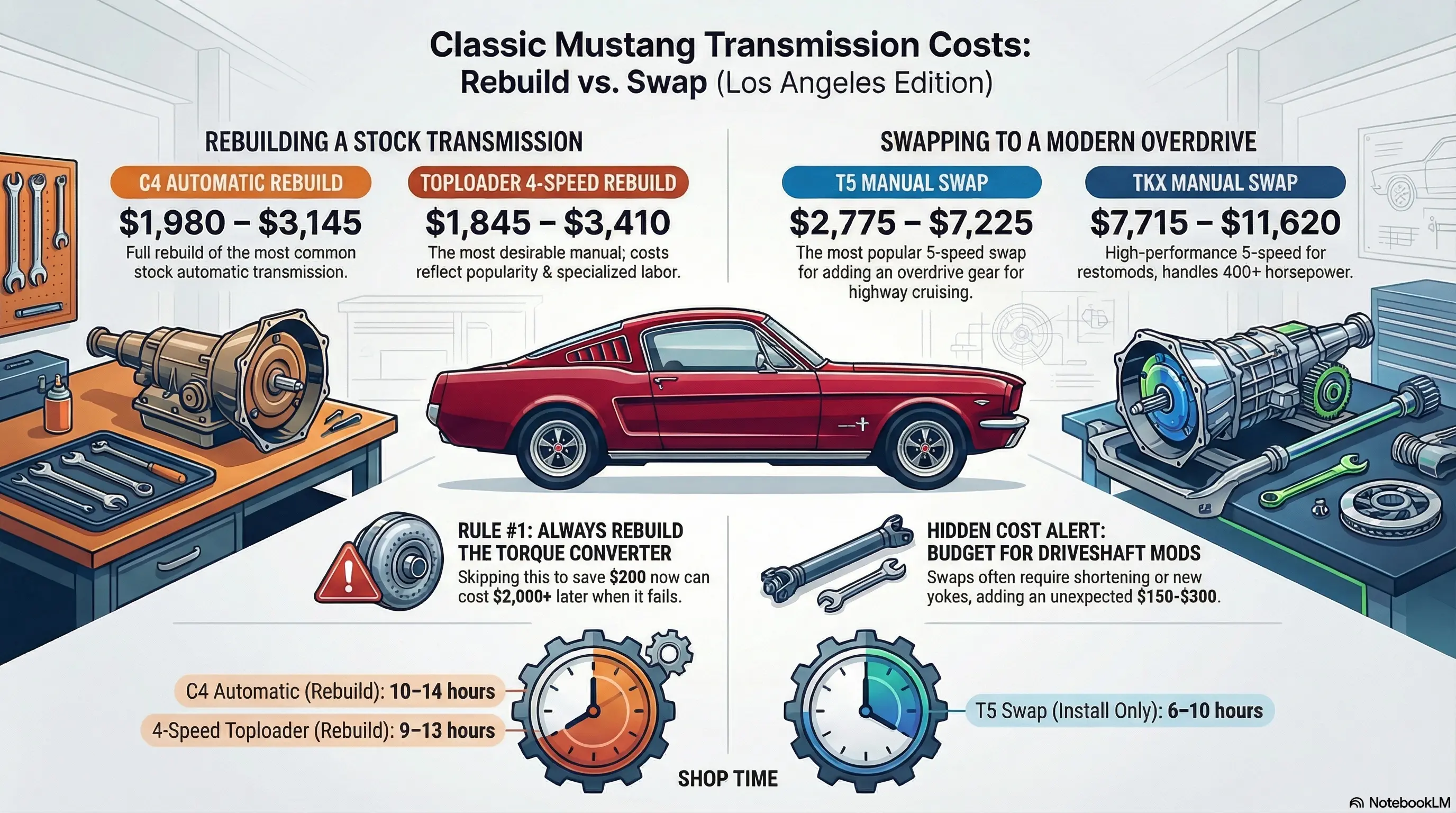 Classic Mustang transmission rebuild costs in Los Angeles: A comprehensive price guide showing cost breakdowns for C4 automatic rebuilds, Toploader 4-speed rebuilds, T5 swap costs, and other transmission repairs for 1964-1973 Ford Mustangs