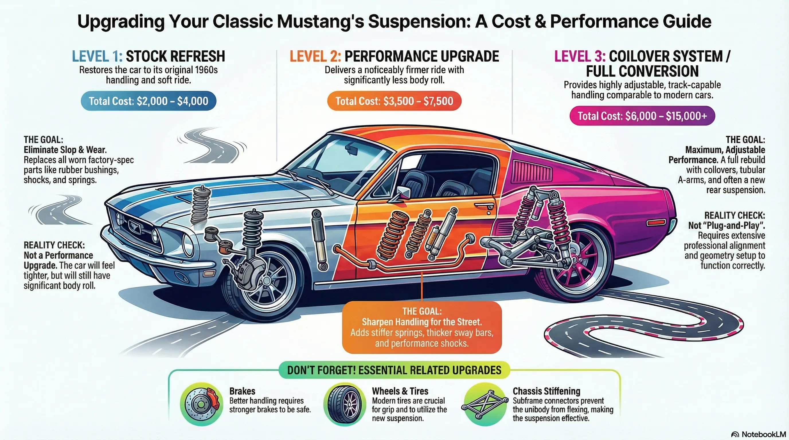 Mustang suspension upgrade cost and performance guide for Los Angeles: A comprehensive breakdown showing upgrade tiers (Stock Refresh $2,000-$4,000, Performance Upgrade $3,500-$7,500, Coilover System $6,000-$15,000+), cost drivers, labor rates, and performance expectations for classic 1964-1973 Ford Mustangs